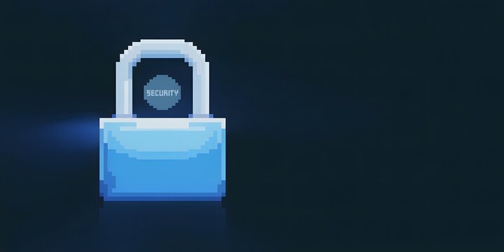 Pixel Art Style Padlock with Security Label Representing Digital Safety Data Protection Cybersecurity and Privacy in a Retro 8 Bit Inspired Design on Dark