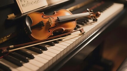 Fototapeta premium Violin Resting on Piano Keys with Sheet Music in Background