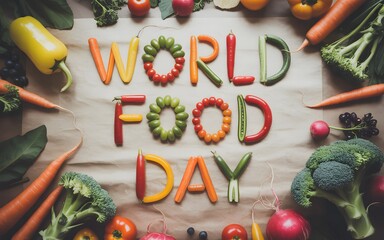World food day message spelled out with fresh vegetables and fruits