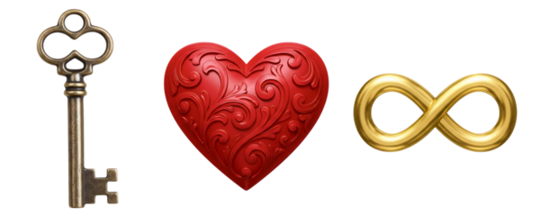 A set of classic symbols of love and commitment, featuring a vintage key, a heart-shaped locket, and a golden infinity symbol. This collection is perfect for Valentine's Day or romantic themes.