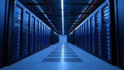 Fototapeta premium Rows of powerful server racks in a futuristic data center, glowing with vibrant blue lights for high-speed network connections.