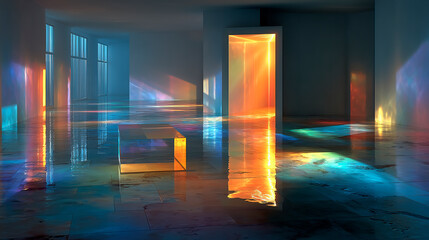 Obraz premium Prism Space with Rainbow, Beautiful Light and Flowing Water Illustration