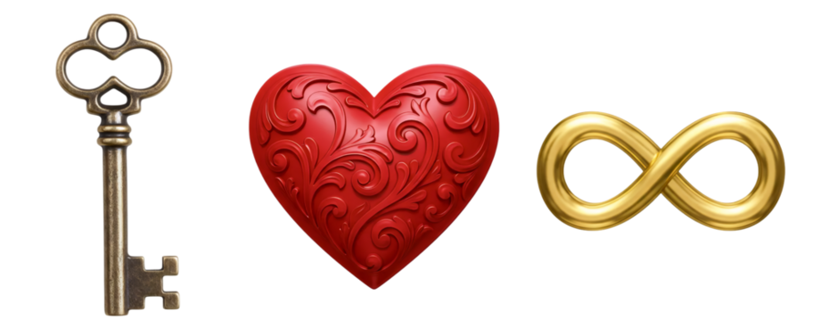 A set of classic symbols of love and commitment, featuring a vintage key, a heart-shaped locket, and a golden infinity symbol. This collection is perfect for Valentine's Day or romantic themes.