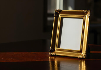 Close-up of a gold vintage luxury frame on a dark mahogany table, space for brand text, soft window light, winter afternoon.