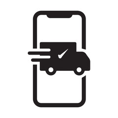 Mobile delivery application interface showing a truck with motion lines and checkmark icon in black
