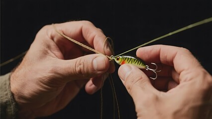 Hands tying a fishing lure to a line against a dark background