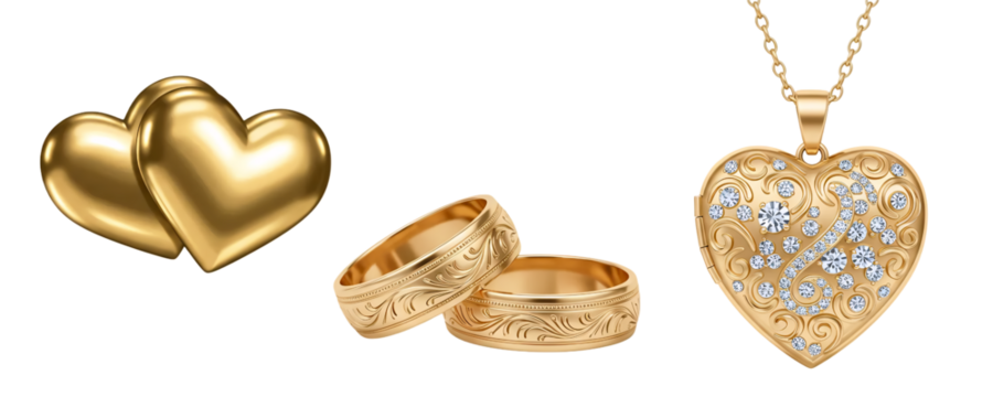 A collection of romantic gold jewelry, featuring two linked hearts, a pair of wedding rings, and a heart-shaped locket with diamonds. This set symbolizes love, marriage, and commitment.