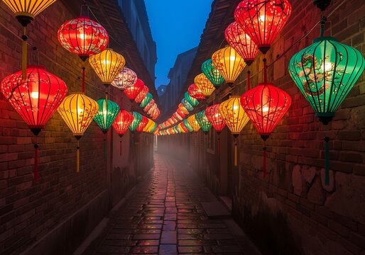 Colorful lanterns illuminate the narrow alleyway in hoi an ancient town at twilight