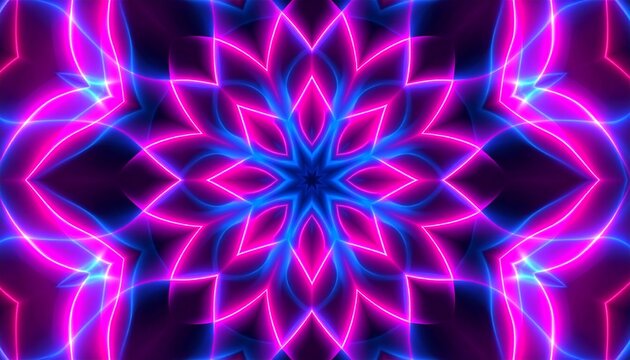 Vibrant fractal pattern with repeating symmetrical shapes in glowing neon tones - Powered by Adobe