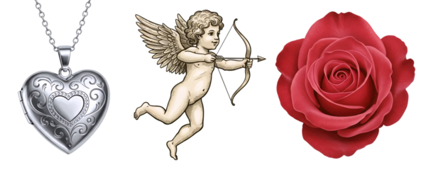 A set of classic romantic symbols, including a heart-shaped locket, a Cupid angel with a bow, and a beautiful red rose. This collection is perfect for vintage-style Valentine's Day designs.