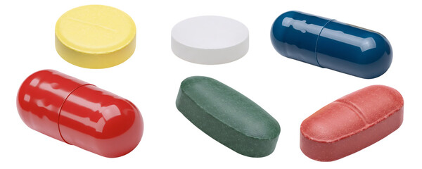 An assortment of colorful pills, tablets, and capsules in various shapes and sizes. This collection represents medicine, pharmaceuticals, healthcare, and medical treatment.
