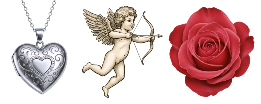 A set of classic romantic symbols, including a heart-shaped locket, a Cupid angel with a bow, and a beautiful red rose. This collection is perfect for vintage-style Valentine's Day designs.