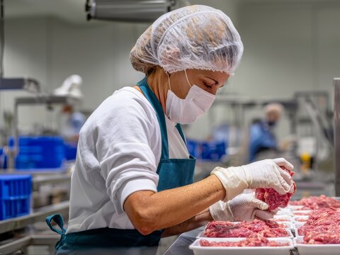 Female meat processing worker in protective gear handling raw beef – food safety and meat industry hygiene concept, USDA inspection 