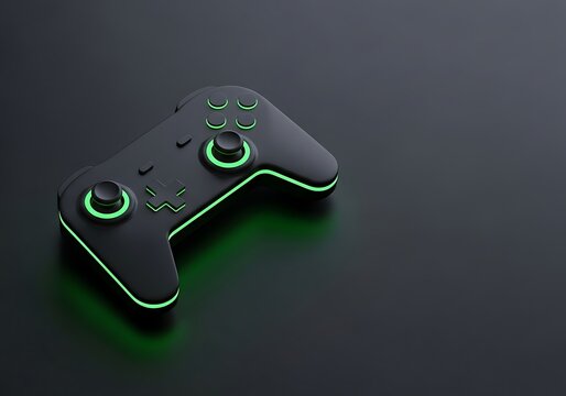 Futuristic black game controller with green neon lights on dark background