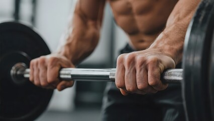 Muscular individual gripping a barbell, preparing for a weightlifting exercise in a gym setting.