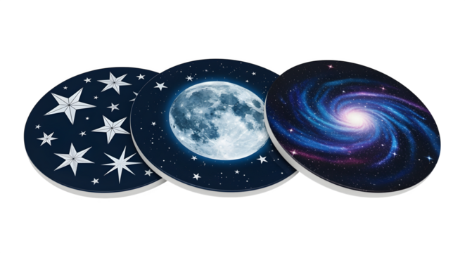 Celestial coaster set with moon and stars, isolated on white background