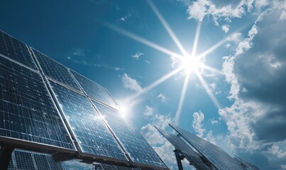 Solar Panels Under Bright Sunny Sky