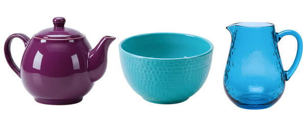 An elegant ceramic tea service set, featuring a purple teapot, a blue creamer pitcher, and a matching blue bowl. This stylish collection is perfect for a sophisticated tea time.