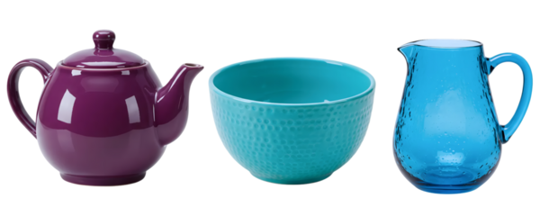 An elegant ceramic tea service set, featuring a purple teapot, a blue creamer pitcher, and a matching blue bowl. This stylish collection is perfect for a sophisticated tea time.