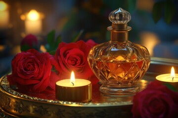 Aromatic perfume bottle with roses and candles.