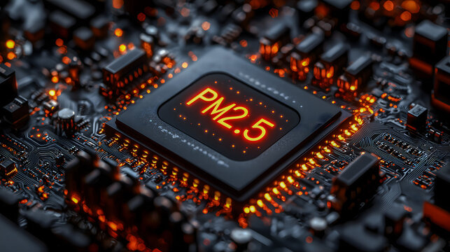 Detailed square processor carrying a bright air pollution label