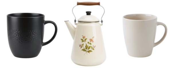 A classic beverage set with a black teapot and pot with a floral design and a white mug. This simple and elegant collection is perfect for a cozy coffee or tea break.