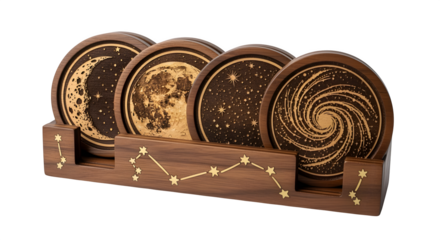 Celestial coaster set with moon and stars, isolated on white background