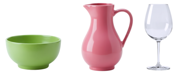 A collection of drinkware and serving items: a green ceramic bowl, a pink pitcher or jug, and an empty wine glass. This set represents serving beverages and food for guests or family.