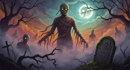 A spooky halloween scene with a mummy, zombies, a tombstone, and a full moon in the background