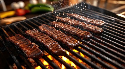 Professional carne asada grill showcasing caramelized beef strips with char marks, glowing embers beneath creating authentic Mexican restaurant atmosphere