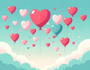Heart balloons float in a pastel sky