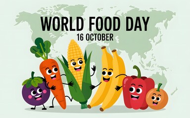 Happy cartoon vegetables and fruits celebrating world food day on october 16th
