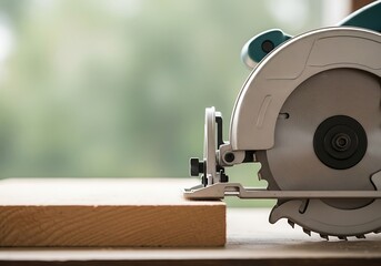 Close up of a circular saw cutting a piece of wood on a wooden surface