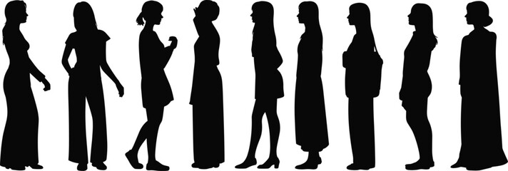 Standing figure silhouette set, diverse human poses and outfits, black vector illustration, fashion and lifestyle icons, social behavior clipart