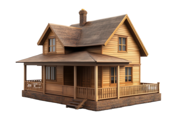 Charming wooden house model with porch and detailed architecture on a transparent background for design presentations and creative projects