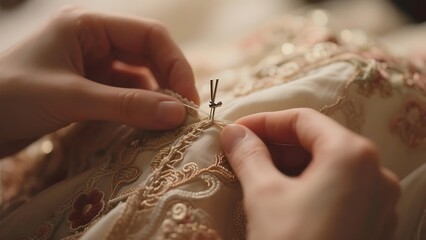 Hands delicately pinning intricate embroidery on a fabric
