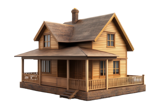 Charming wooden house model with porch and detailed architecture on a transparent background for design presentations and creative projects - Powered by Adobe
