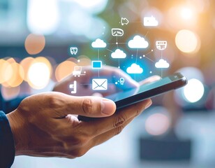 Hands hold phone, cloud icons, network