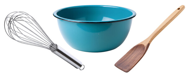 A simple set of essential baking tools, featuring a blue ceramic mixing bowl, a wire whisk, and a wooden spoon. This collection represents the fundamentals of home baking and mixing.