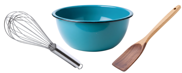 A simple set of essential baking tools, featuring a blue ceramic mixing bowl, a wire whisk, and a wooden spoon. This collection represents the fundamentals of home baking and mixing.