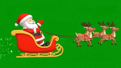 Cartoon Santa Claus riding sleigh with reindeer on green screen - Powered by Adobe