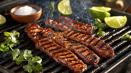 Carne asada grill presenting premium marinated beef strips with crosshatch grill marks, accompanied by fresh lime wedges, chopped cilantro and artisanal salt dish on hot grill grates