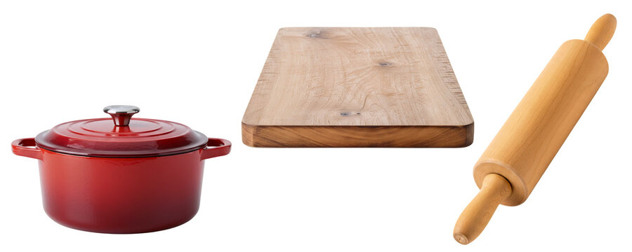 A collection of cooking and baking essentials, with a red dutch oven, a wooden cutting board, and a rolling pin. This set is perfect for preparing both stovetop meals and baked goods.