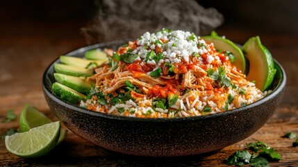 Chicken tinga dish showcasing shredded chicken in rich red sauce over cilantro rice topped with crumbled cheese, avocado slices and lime wedges