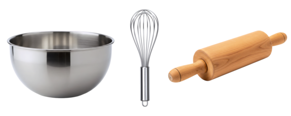 A set of classic baking essentials, including a stainless steel mixing bowl, a wire whisk, and a wooden rolling pin. This fundamental collection is perfect for any baking project.