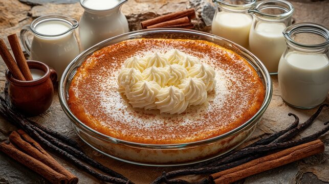 Tres leches cake in glass baking dish with whipped cream rosettes and cinnamon dusting, surrounded by vanilla beans and milk pitchers on stone surface