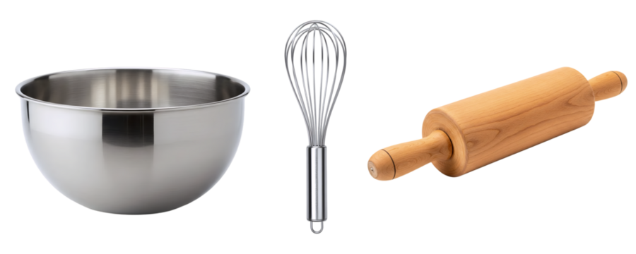 A set of classic baking essentials, including a stainless steel mixing bowl, a wire whisk, and a wooden rolling pin. This fundamental collection is perfect for any baking project.