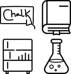 A simple line drawing featuring four distinct icons representing education and science: a chalkboard, a book, bookshelves, and a laboratory flask.