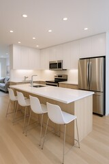 Modern Kitchen Island with Bar Stools and Stainless Steel Appliances, Featuring Sleek White Cabinetry and Warm Wood Accents