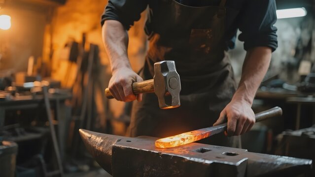 Blacksmith forging a glowing metal piece on an anvil in a workshop